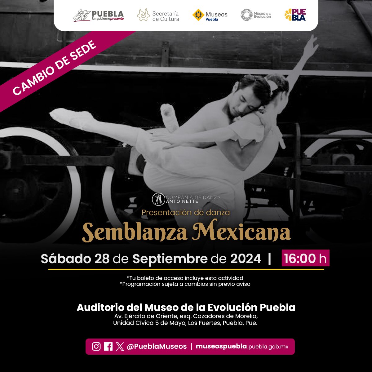 PueblaMuseos's tweet image. 🚨 TOMA EN CUENTA 🚨
La Presentación de danza 𝙎𝙚𝙢𝙗𝙡𝙖𝙣𝙯𝙖 𝙈𝙚𝙭𝙞𝙘𝙖𝙣𝙖 con la compañía de danza 𝘈𝘕𝘛𝘖𝘐𝘕𝘌𝘛𝘛𝘌 del 28 de septiembre 𝗖𝗔𝗠𝗕𝗜𝗔 𝗗𝗘 𝗦𝗘𝗗𝗘 ¡Te esperamos en el Auditorio del Museo de la Evolución Puebla!
#MuseosPuebla
#Antoinette
#DanzaMexicana