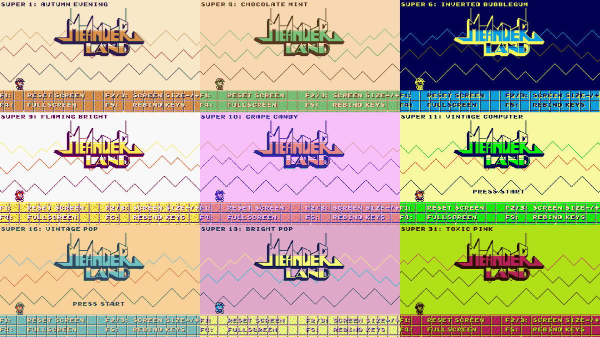 MeanderForth's tweet photo. I... may have gone overboard with the color palettes, admittedly!

That said, fans of a certain game console add-on will appreciate the "SUPER" series of palettes. 

game: https://t.co/xoZoAzSwXH

#indiegame #meanderland #colorpalettes #gameboy #supergameboy https://t.co/dtj9iO4YN0