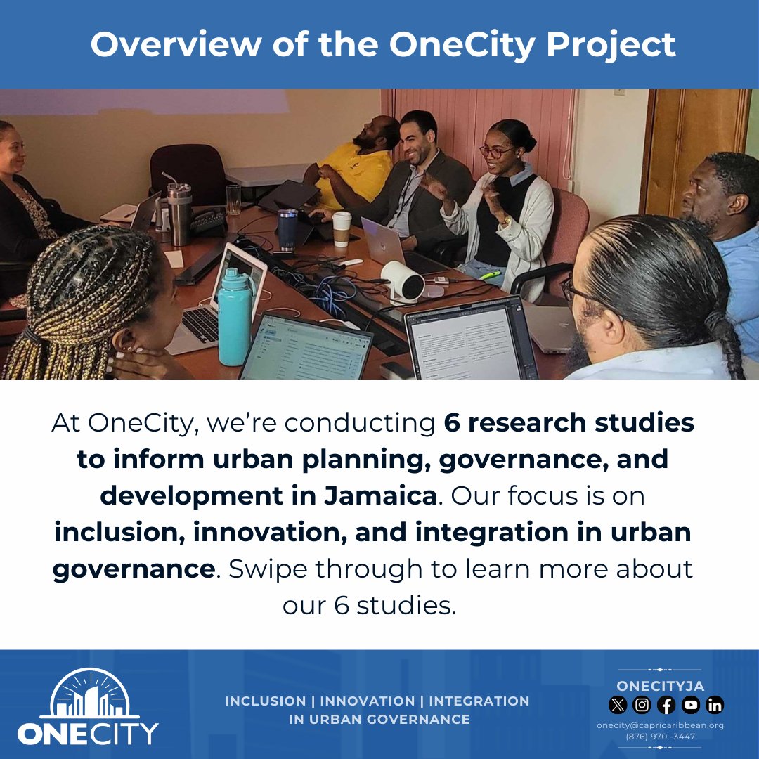 OneCityJA's tweet photo. #OneCityJa is conducting 6 studies to understand & enhance the future of Jamaica's social, political & economic life. Here's info on the first 3 studies. Stay tuned for the rest!
#UrbanResearch #YouthParticipation #DigitalFuture #SustainableDevelopment #RightToTheCity https://t.co/peK8jkFM9c
