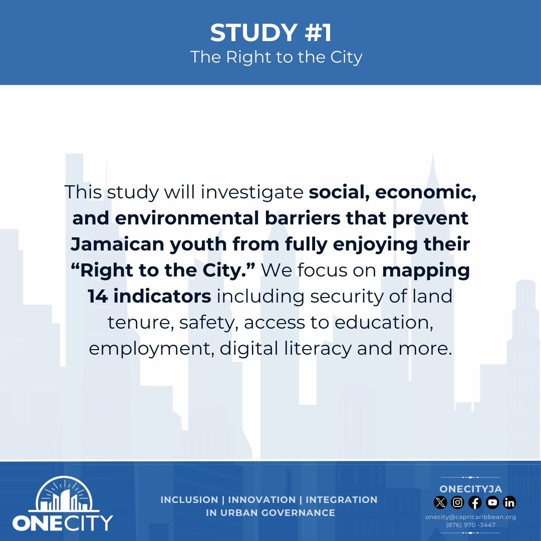 OneCityJA's tweet photo. #OneCityJa is conducting 6 studies to understand & enhance the future of Jamaica's social, political & economic life. Here's info on the first 3 studies. Stay tuned for the rest!
#UrbanResearch #YouthParticipation #DigitalFuture #SustainableDevelopment #RightToTheCity https://t.co/peK8jkFM9c