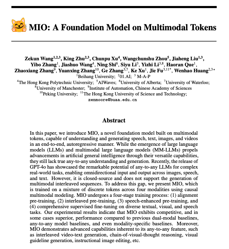 omarsar0's tweet image. Presents MIO, a foundation model built on multimodal tokens using causal multimodal modeling
Demonstrates huge potential due to its any-to-any understanding and generation. Capabilities include interleaved video-text generation, chain-of-visual-thought reasoning, and visual…