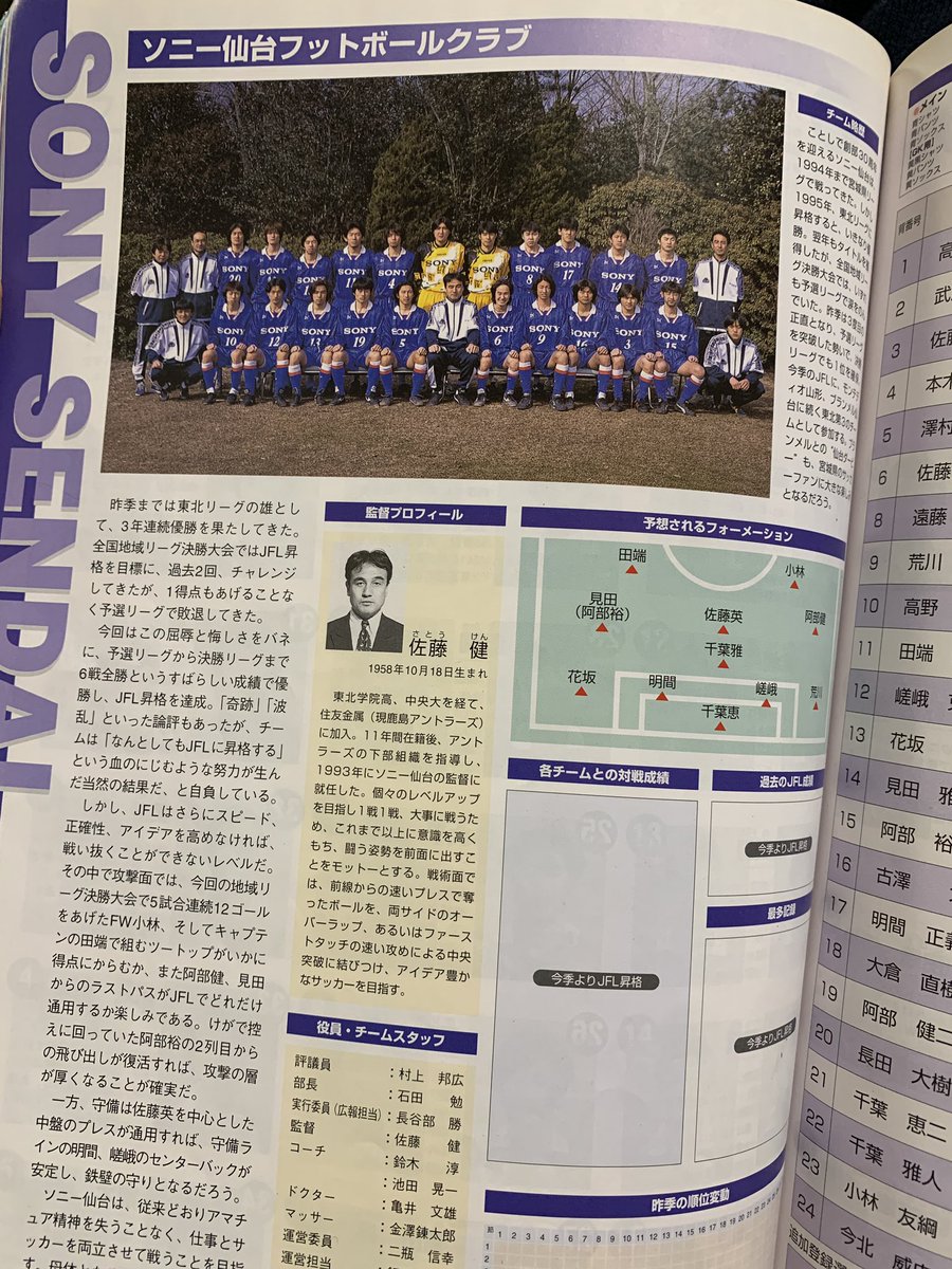zatsuj's tweet photo. ソニー仙台解散の悲報が入ってきた。ウソだと言ってほしい。
旧JFL最終年の1998年に東北リーグから昇格。見田雅之、佐藤英二、田端秀規、千葉恵二といった元Jリーガーも在籍していた。この年は13位に終わったものの、翌年から26シーズンに渡り"JFLの門番"として恐れられてきた。記憶にとどめたい。 https://t.co/POp5f4C8md