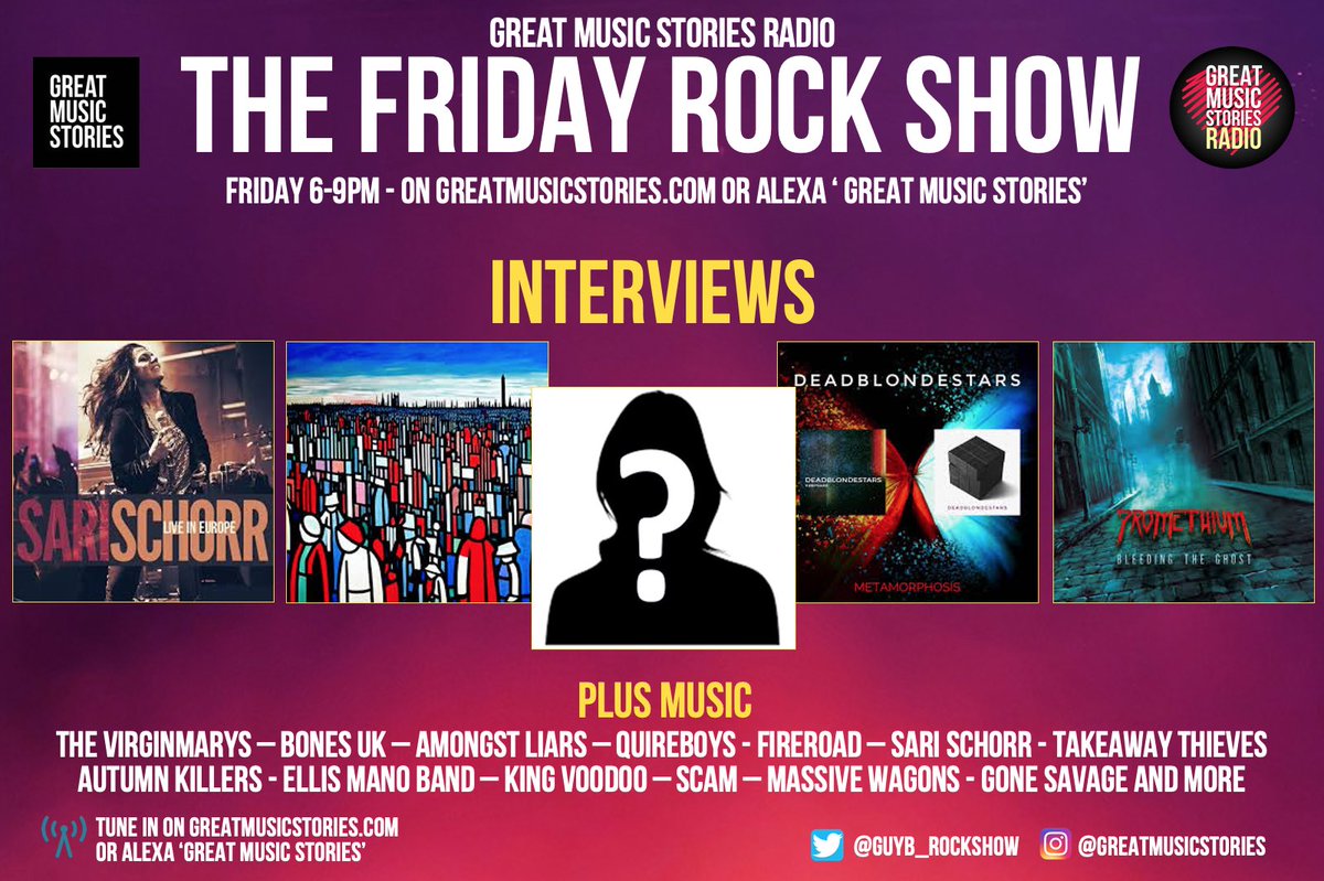 Guy B (@guyb_rockshow) on Twitter photo So WHO is the special rock guest joining @bluenationmusic <a href="/DeadBlondeStars/">DeadBlondeStars</a> <a href="/SariSchorr/">Sari Schorr</a> and <a href="/Promethiumband/">Promethium</a> for the open plan free-for-all interview special at 7pm???
Have a guess. Qual street for whoever gets it firstâŚ.. So WHO is the special rock guest joining @bluenationmusic <a href="/DeadBlondeStars/">DeadBlondeStars</a> <a href="/SariSchorr/">Sari Schorr</a> and <a href="/Promethiumband/">Promethium</a> for the open plan free-for-all interview special at 7pm???
Have a guess. Qual street for whoever gets it firstâŚ..