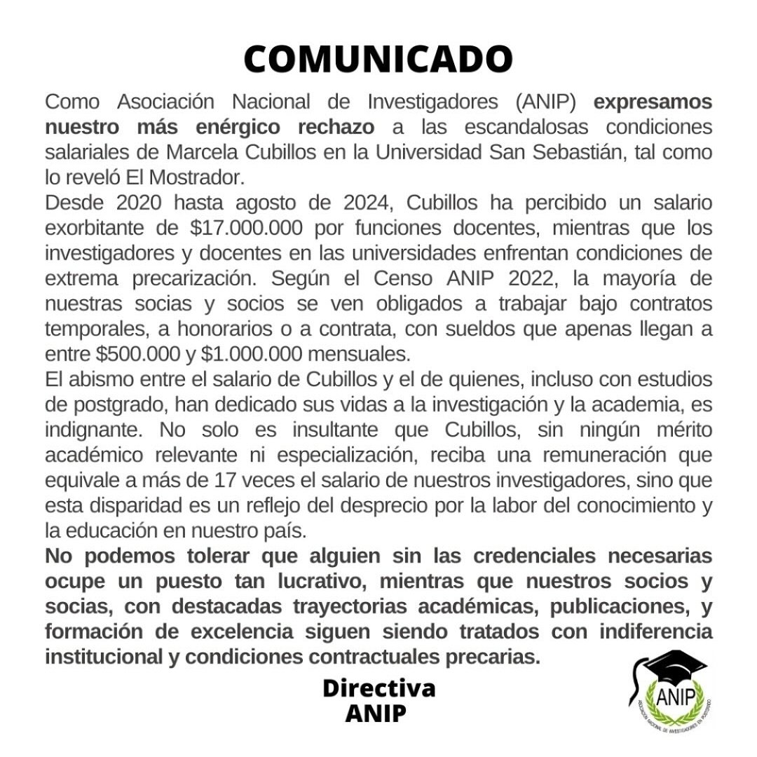 📣 Cómo organización repudiamos las condiciones salariales de <a href="/mcubillossigall/">Marcela Cubillos Sigall</a>. Su sueldo equivale a más de 17 veces lo que ganan nuestros socios en promedio, entre 500 mil y 1 millón de pesos. #InvestigarEsTrabajar #NoMasPrecariedadLaboral