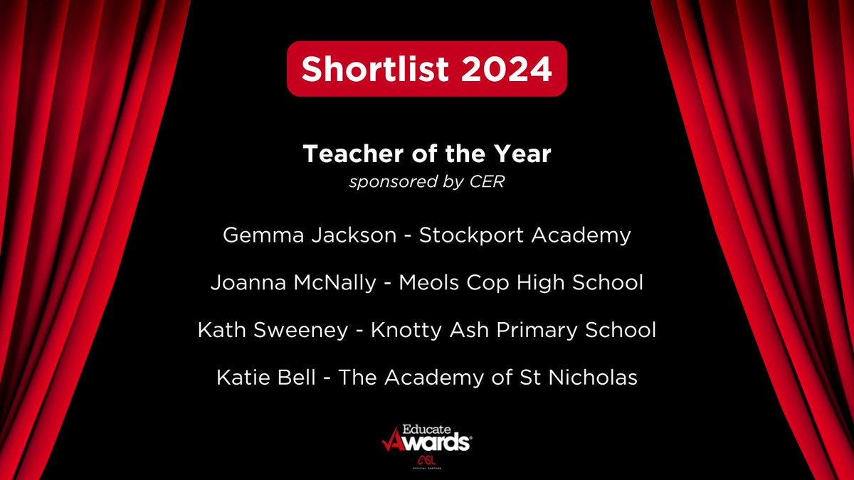 EducateAwards's tweet photo. Cheers to the fantastic North West teachers nominated for Teacher of the Year, sponsored by @CEREducation! 🎊

We can't wait to see the fabulous teachers from @sptacademy, @MeolsCopHS, @AshKnotty and @AcademyStNics 💖 https://t.co/Iz21JtYyfu