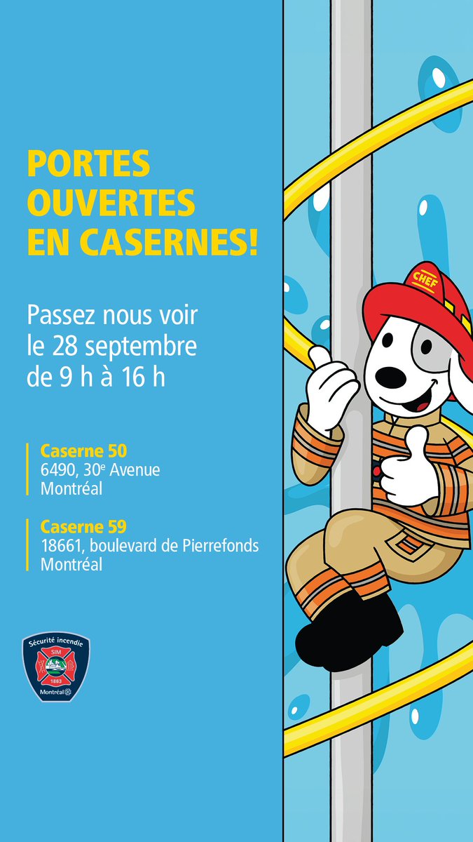 Demain, de 9 h à 16 h, c'est au tour des casernes 5⃣0⃣ et 5⃣9⃣ de vous ouvrir leurs portes. 👩‍🚒🚒👨‍🚒

Ne manquez pas cet événement festif qui réunit petits et grands. Au plaisir de vous voir en grand nombre! 

Tous les détails sont ici 👉 bit.ly/47u4IgI