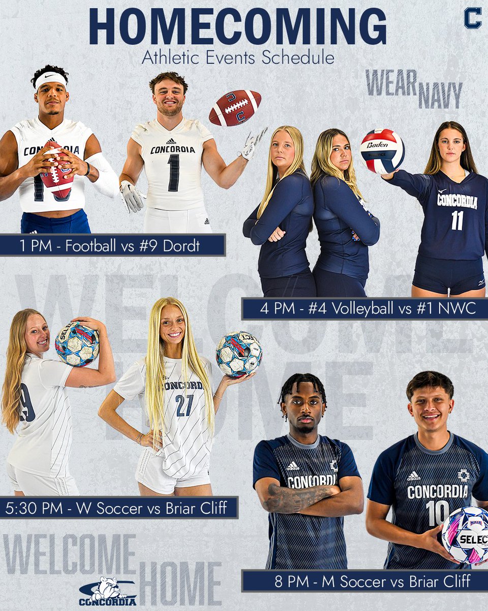 Concordia Bulldogs (@cunebulldogs) on Twitter photo 🏠🏃♂️ WELCOME HOME! We've got a full lineup of games for everyone this Saturday. Bring your your Bulldog bark and WEAR NAVY!  Can’t wait to see everyone there. #skodawgs🐾 🏠🏃♂️ WELCOME HOME! We've got a full lineup of games for everyone this Saturday. Bring your your Bulldog bark and WEAR NAVY!  Can’t wait to see everyone there. #skodawgs🐾