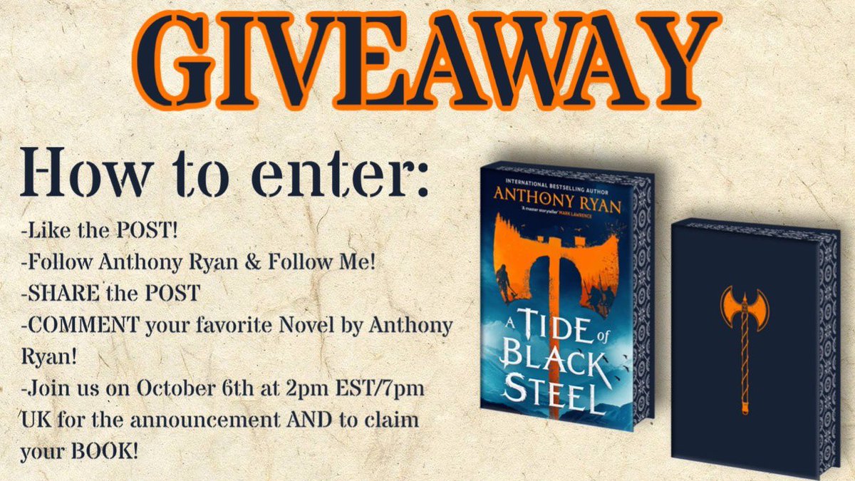 BeardofDarkness's tweet image. *GIVEAWAY*

THE AMAZING @writer_anthony will be with me LIVE for an interview and to announce the WINNER. The prize is the INCREDIBLE Special Edition of “A Tide of Black Steel” by the @binding_broken. We will announce the name of the winner LIVE on October 6th at 2pm EST/7pm UK.…