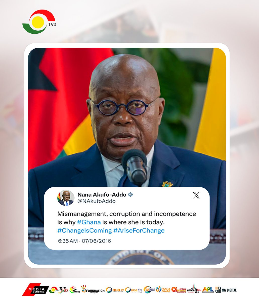 tv3_ghana's tweet photo. "Mismanagement, corruption and incompetence is why #Ghana is where she is today."  - @NAkufoAddo || 7th June, 2016.

#3NewsGH #StopGalamseyNow https://t.co/KNjKzIFiP0