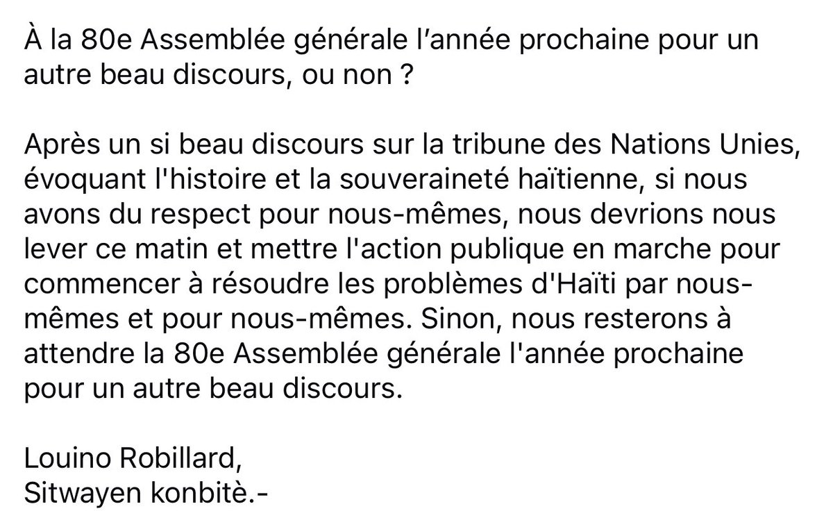 RobillardKonbit's tweet photo. À la 80e Assemblée générale l’année prochaine pour un autre beau discours, ou non ?

@LaPresidenceHT https://t.co/dgoiWOjcnZ