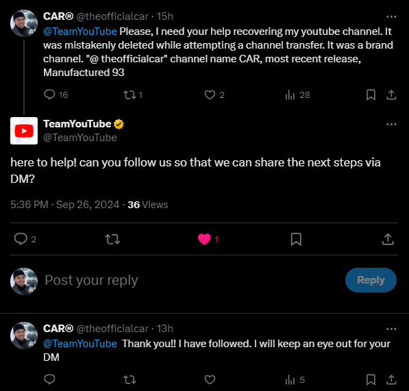theofficialcar's tweet photo. @TeamYouTube Following up. I have yet to receive a DM. Please, I need your help recovering my youtube channel. It was mistakenly deleted while attempting a channel transfer. It was a brand channel. "@ theofficialcar" channel name CAR, most recent release, Manufactured 93. https://t.co/bfwKtMTZzB
