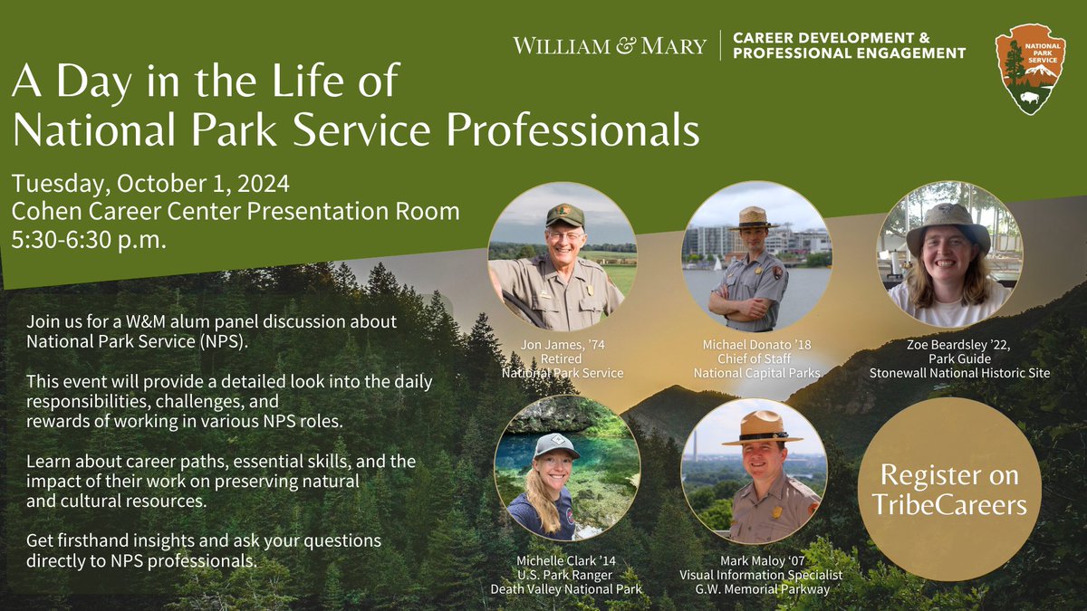 Join us for a W&amp;M alum panel discussion about National Park Service (NPS). RSVP here: wm-csm.symplicity.com/students/?s=ev…