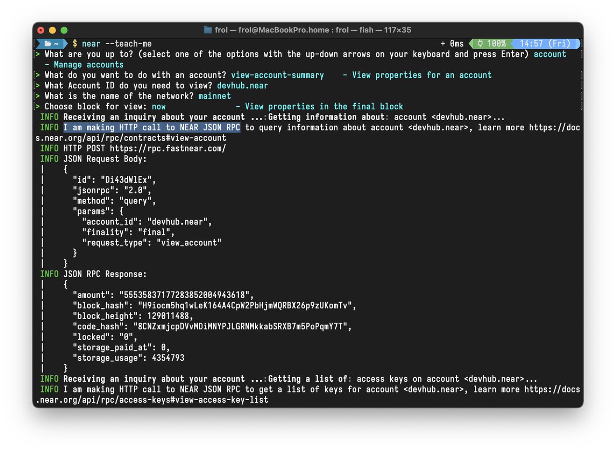 NEARDevHub's tweet photo. #neardev #lifehacks The best way for developers to learn how to interact with the NEAR RPC and how to prepare transactions is with `--teach-me` flag to CLIs (https://t.co/wyLAHatIrU and https://t.co/vHCoyTesvR already support it, and cargo-near is coming).

See full demo by @Freol at the recent Tools Community call: https://t.co/AX9a8y0sYc