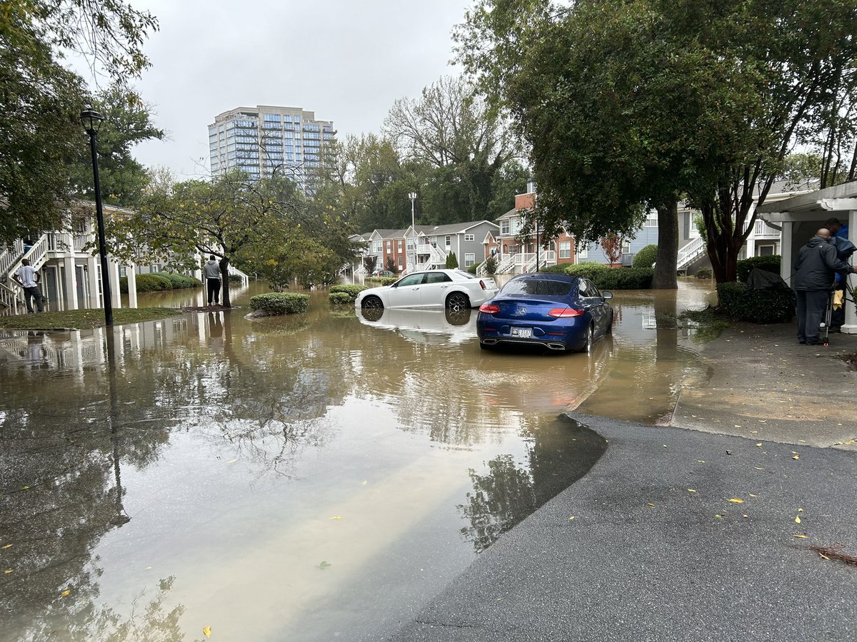 A daytime look at the flooding conditions at Peachtree Park apartments. We’ve seen some people moving through the flood water to get their dogs out of their homes, and someone rescued a cat stuck on a ledge as well. Full report on <a href="/GoodDayAtlanta/">Good Day Atlanta</a> at 9:15