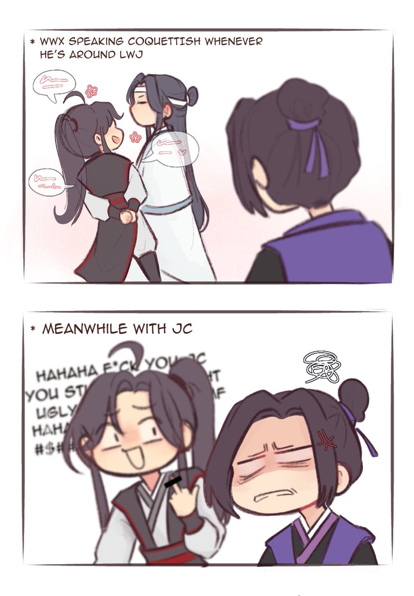 Shuubeedoo_'s tweet photo. Based on MXTX's interview where JC would ick so much whenever WWX talked to LWJ bcs WWX always made himself sounded like he was playing cute (like a girl)😆 #MDZS https://t.co/5eowT3TOJf