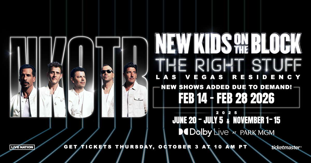 Park MGM (@parkmgm) on Twitter photo Let's Bring Back The Time and catch <a href="/NKOTB/">New Kids on the Block</a> at #DolbyLive
The Right Stuff Las Vegas Residency extends into February 2026 ✨
Tickets on sale Thursday, October 3 at 10 AM: mgm.parkmgm.com/jofoflyx Let's Bring Back The Time and catch <a href="/NKOTB/">New Kids on the Block</a> at #DolbyLive
The Right Stuff Las Vegas Residency extends into February 2026 ✨
Tickets on sale Thursday, October 3 at 10 AM: mgm.parkmgm.com/jofoflyx