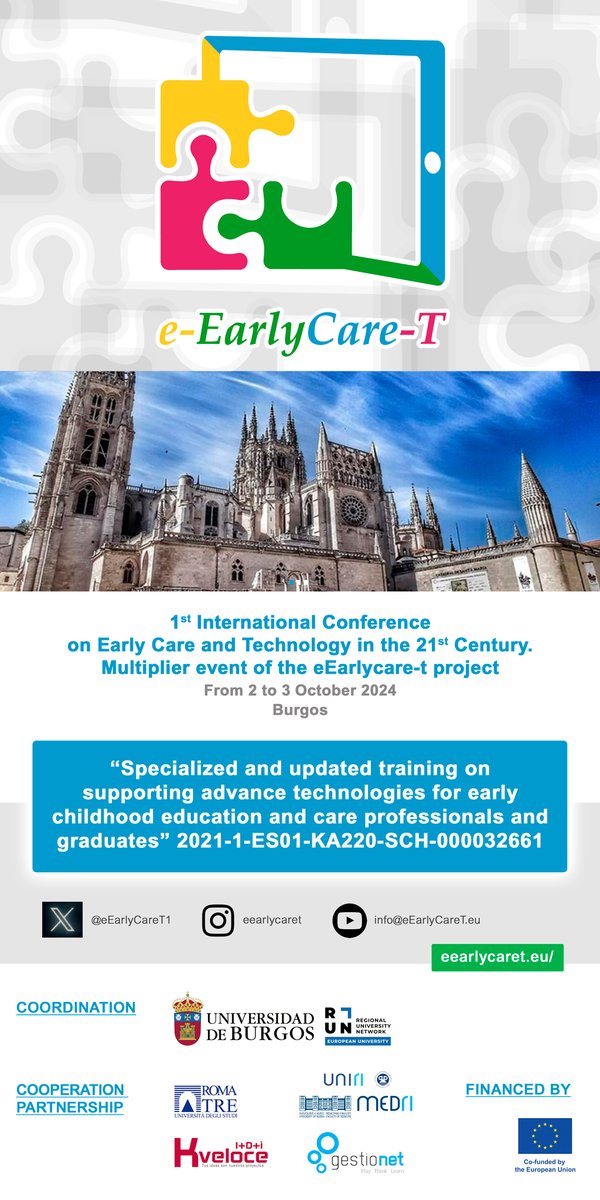 eEarlyCareT1's tweet photo. Los próximos 2 y 3 de octubre tendrá lugar en la Facultad de Ciencias de la Salud de la #UBU las I Jornadas Internacionales de Atención Temprana y Tecnología en el Siglo XXI
Evento multiplicador del proyecto #eEarlyCare-T. Toda la información en https://t.co/E6DvhUBgs9. 😉 https://t.co/sViFqYEmLV