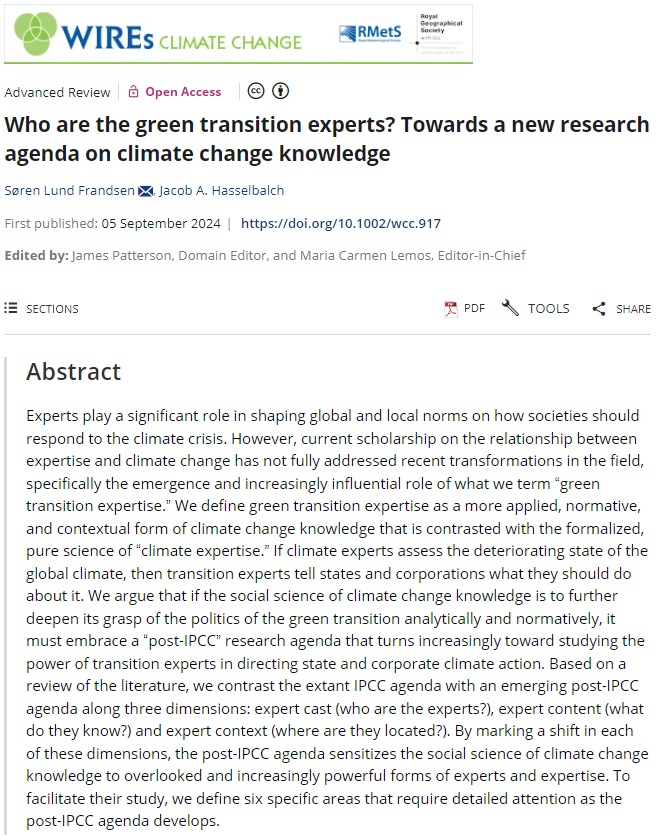 RGS-IBG Higher Ed (@rgs_ibghe) on Twitter photo New paper published in <a href="/WIREs_Reviews/">Wiley Interdisciplinary Reviews</a> Climate Change by Søren Lund Frandsen and <a href="/jhasselbalch/">Jacob Hasselbalch</a> (<a href="/CBScph/">Copenhagen Business School</a>):
'Who are the green transition experts? Towards a new research agenda on climate change knowledge'. #OpenAccess
doi.org/10.1002/wcc.917 New paper published in <a href="/WIREs_Reviews/">Wiley Interdisciplinary Reviews</a> Climate Change by Søren Lund Frandsen and <a href="/jhasselbalch/">Jacob Hasselbalch</a> (<a href="/CBScph/">Copenhagen Business School</a>):
'Who are the green transition experts? Towards a new research agenda on climate change knowledge'. #OpenAccess
doi.org/10.1002/wcc.917