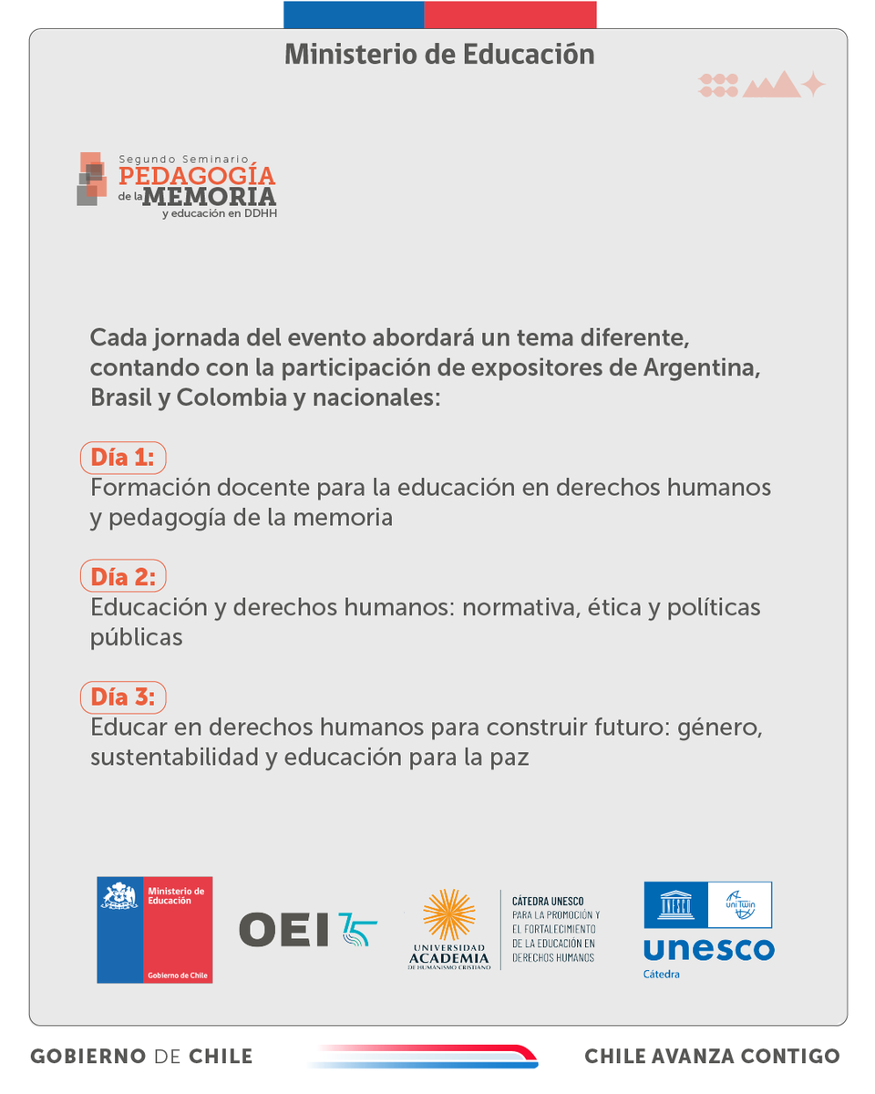 Mineduc's tweet photo. Te invitamos a ser parte de esta instancia de reflexión sobre los avances, desafíos y experiencias en torno a la educación en derechos humanos. Puedes participar de forma presencial o virtual, conoce más en https://t.co/cjD8Gd695m https://t.co/Drnpmo7qGE