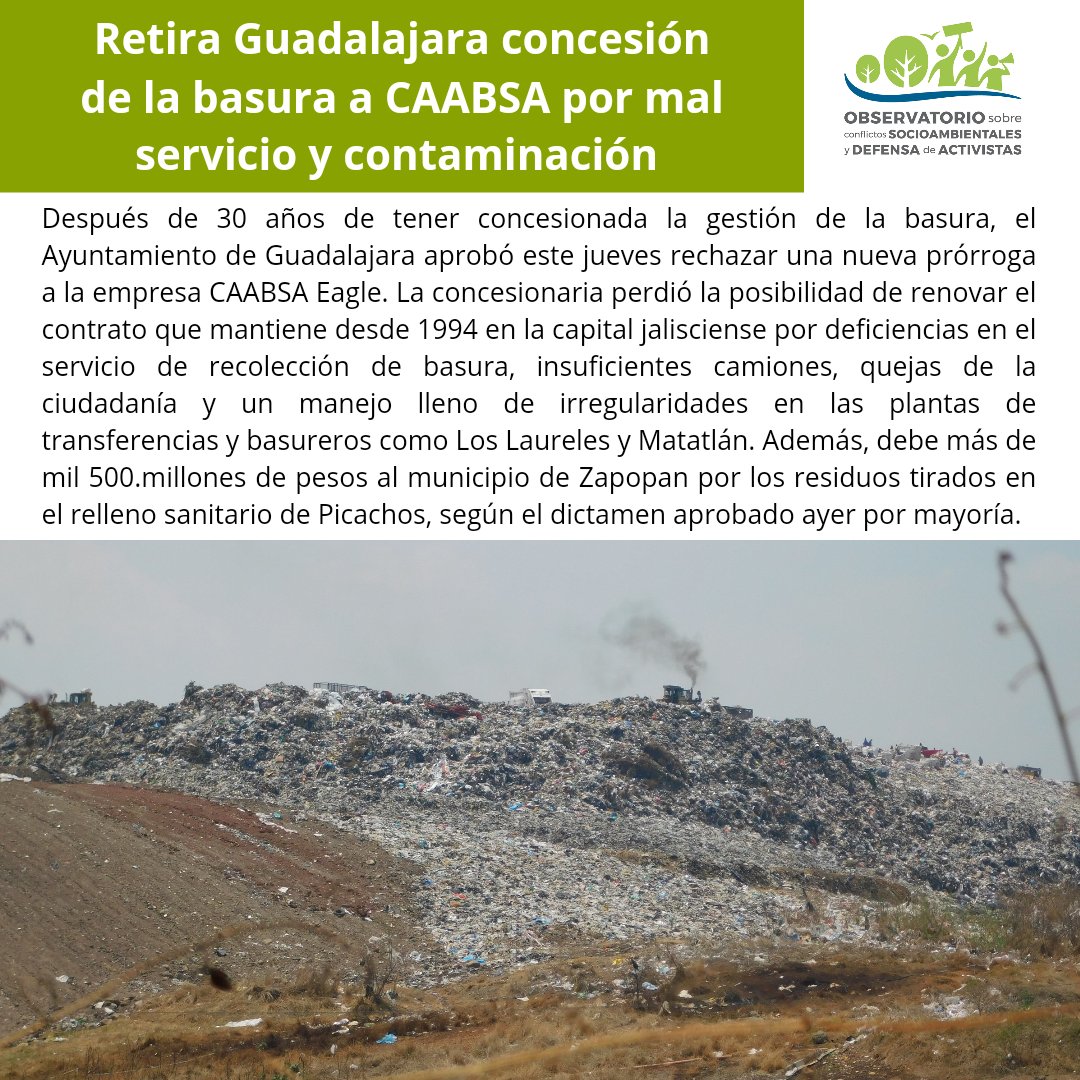 Conflictos_obs's tweet photo. #BASURA 👋🗑️💸
La empresa @CaabsaEagle debe mil 500 millones de pesos a @ZapopanGob por depositar basura en el relleno sanitario de Picachos.
La razón por la que @GuadalajaraGob rechazó extender la concesión por 15 años: un historial de deuda, mal servicio y mucha contaminación. https://t.co/ma0467nvId