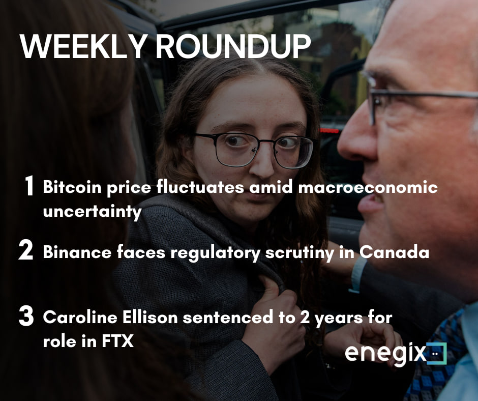 ngx_pro's tweet image. 📰 The crypto market faces turbulence as #Bitcoin prices fluctuate, #Binance encounters regulatory scrutiny in Canada, and Caroline Ellison receives a 2-year sentence for her role in the #FTX collapse. ⚖️📉