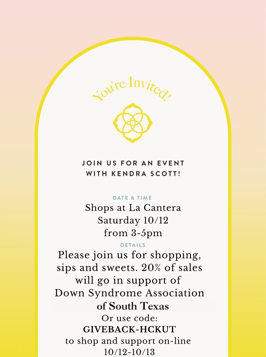Kendra Scott Give Back Day is October 12th!! 20% of the proceeds from the purchases made in-store (The Shops at La Cantera location) from 3-5, will go back to the DSASTX. ✨
Thank you in advance for all the support! 💙💛