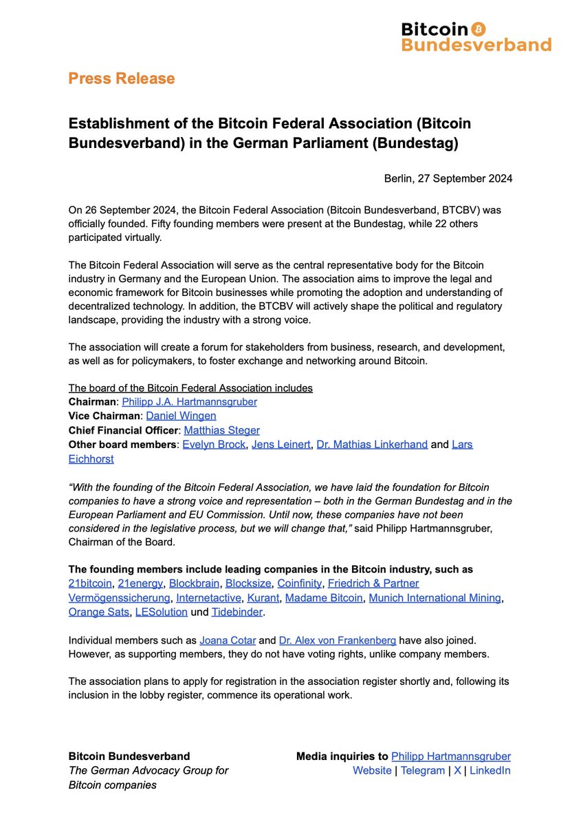 Philipp J.A. Hartmannsgruber (@pjah91) on Twitter photo I’m proud to announce that, as chairman of the board, the <a href="/btcverband/">Bitcoin Bundesverband</a> has officially been founded (Block 862968) to represent #Bitcoin companies in Germany and the EU.
Together, we’ll ensure a strong voice for our industry in the legislative process!
More info on our website! I’m proud to announce that, as chairman of the board, the <a href="/btcverband/">Bitcoin Bundesverband</a> has officially been founded (Block 862968) to represent #Bitcoin companies in Germany and the EU.
Together, we’ll ensure a strong voice for our industry in the legislative process!
More info on our website!