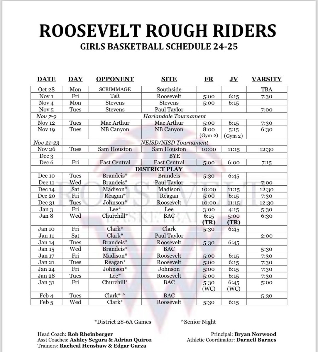 24/25 TRGBB Basketball schedule.  Come support the Lady Riders this season.