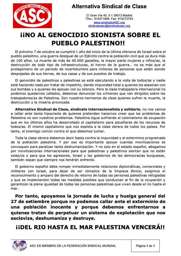 ¡¡¡Contra el genocidio!!!

Huelga general

27 de Septiembre de 2024