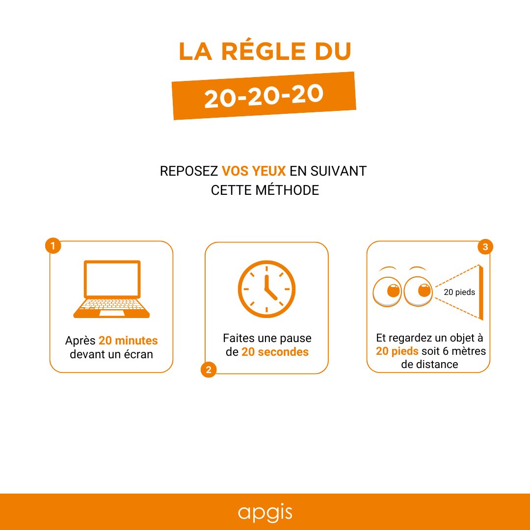 Passer de longues heures devant un écran peut fatiguer vos yeux. Pour prévenir la fatigue oculaire, adoptez la règle du 20-20-20 ! 👀

#Règle202020 #Prévention #Apgis