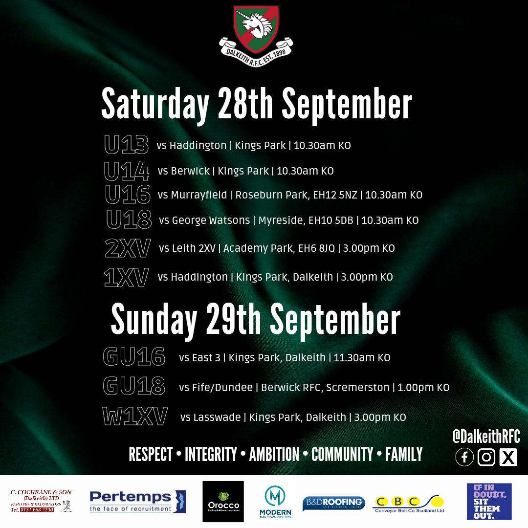 Dalkeith Youth Rugby (@dalkeithythrfc) on Twitter photo 🔥Youth Squad Announcements 🔥
Here are you U16 and U18 teams to play tomorrow
U16s 🆚 <a href="/wandiesrugby/">Murrayfield Wanderers FC</a>
🕥 10.30am KO
📍Roseburn Park, EH12 5NZ
U18s 🆚 George Watson's
🕥 10.30am
📍Myreside
Good luck lads 🦄 🔥Youth Squad Announcements 🔥
Here are you U16 and U18 teams to play tomorrow
U16s 🆚 <a href="/wandiesrugby/">Murrayfield Wanderers FC</a>
🕥 10.30am KO
📍Roseburn Park, EH12 5NZ
U18s 🆚 George Watson's
🕥 10.30am
📍Myreside
Good luck lads 🦄
