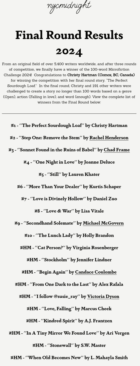 Thrilled to have won third place in the <a href="/nycmidnight/">NYC Midnight</a> 100 Word Microfiction Challenge -- and with a sonnet, no less!