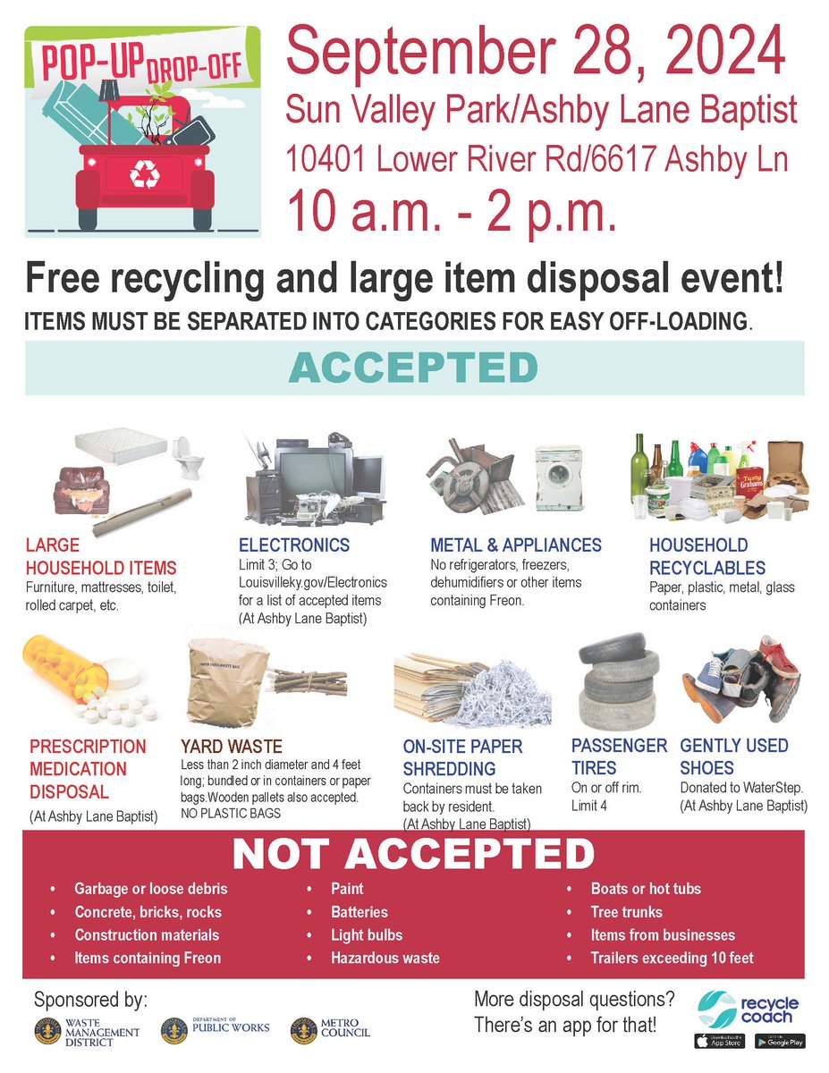 KnowWasteLou's tweet photo. The Pop-Up Drop-Off event is STILL ON for tomorrow! Please read the flyer for details about location, limits, and guidelines! https://t.co/BLjOy5gYhU