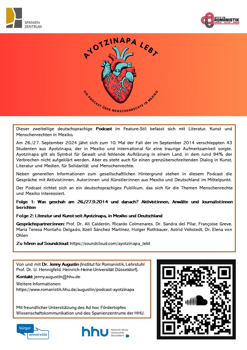 10 Jahre nach dem gewaltvollen Verschwinden der 43 Studenten aus #Ayotzinapa, Mexiko, veröffentlichen wir einen deutschsprachigen Podcast im Feature-Stil, der sich mit Kunst, Literatur und Menschenrechten in Mexiko befasst. Hört mal rein! <a href="/HHU_de/">Heinrich-Heine-Universität Düsseldorf</a> <a href="/teambuergeruni/">Team Bürgeruni</a> <a href="/DrJenAugustin/">Jenny Augustin</a>