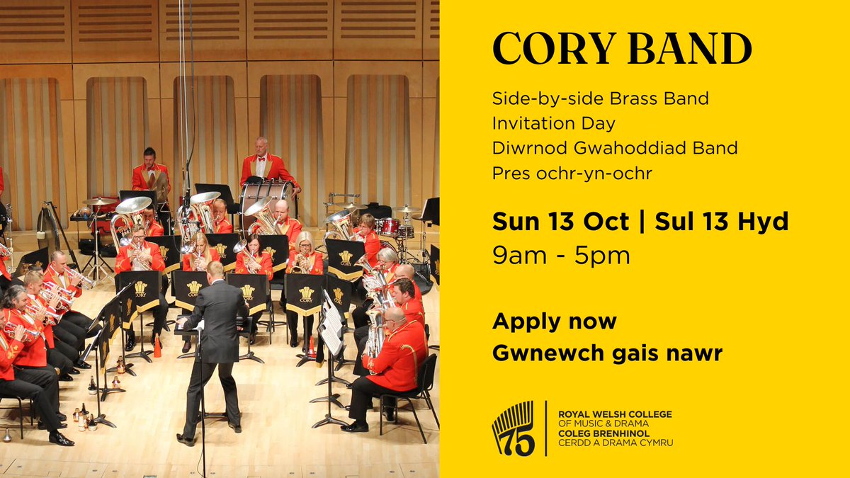 A great opportunity for brass players 11-18yrs grade 5 +
to take part in a side-by-side workshop with <a href="/Coryband/">The Cory Band</a> <a href="/RWCMD/">Royal Welsh College of Music & Drama</a>. 
Apply now! forms.office.com/e/qGDMLmSg76