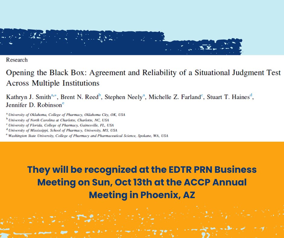 Announcing the winners of the 2024 EDTR PRN Scholarship of Teaching and Learning Paper of the Year Award! Join us at the PRN Business Meeting at ACCP Annual in Phoenix, AZ on Oct 13th as we recognize &amp; highlight the great work our PRN members have accomplished. Congratulations!