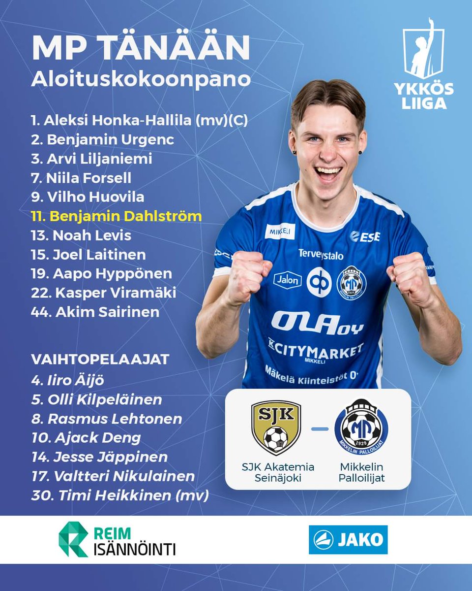 Kokoonpanomme tänään! 💙

#Ykkösliiga #sinisetpelaa #MP1929