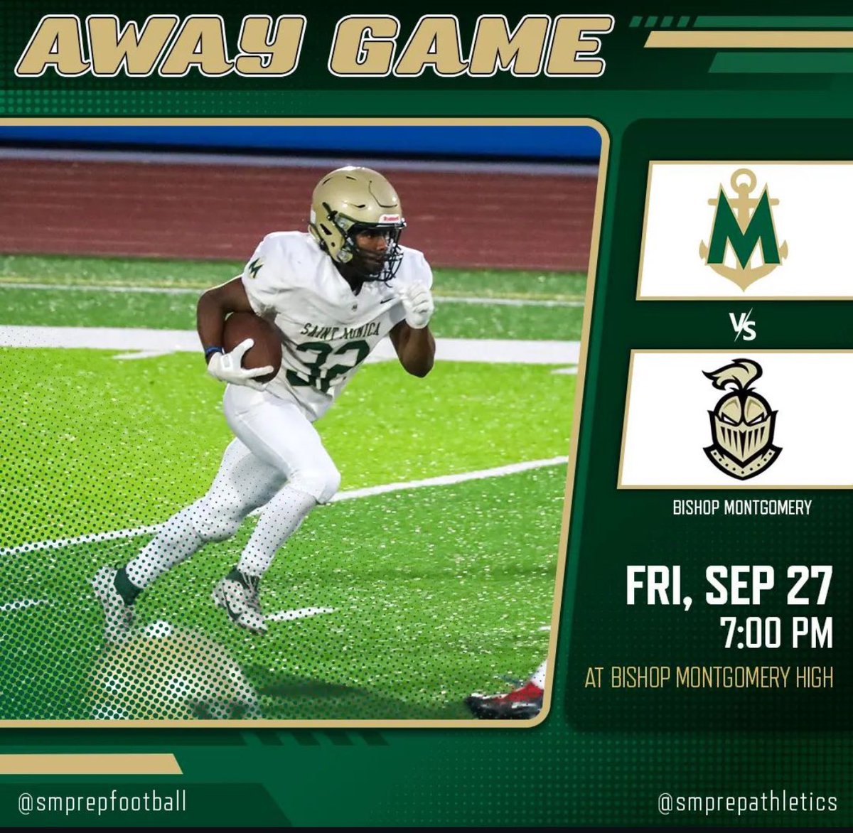 stmonicafb's tweet photo. Mariners are on the road tonight against Bishop Montgomery. 
🏈 Game time: 7:00pm
🏈 Game location: Bishop Montgomery High
🎫 https://t.co/FD51osGE8i
@CoachTBarnes 
@smprepmariners 
#MarinerPride #smprepfootball
#EyesUpKeepClimbing #KeepStackinThemDays https://t.co/lZ4rXeJbE1