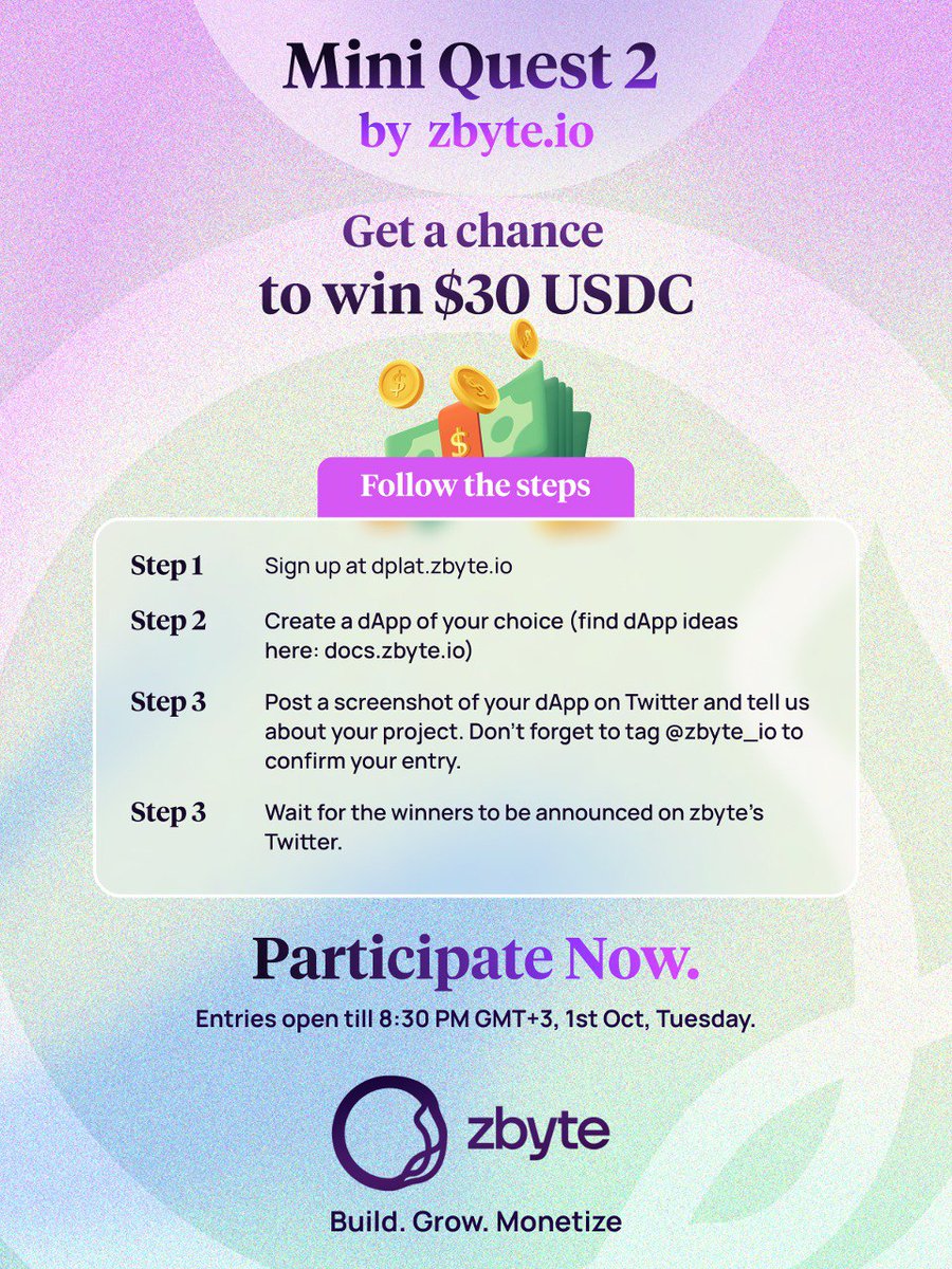 🔧 Web3 builder? Want $30 USDC? 💸 <a href="/zbyte_io/">zbyte</a>'s Mini Quest 2 is here! Sign up at dplat.zbyte.io, create your dApp with no code, and show off your work for a chance to win. 🔥 Let’s build the future together! #Web3 #zbyte