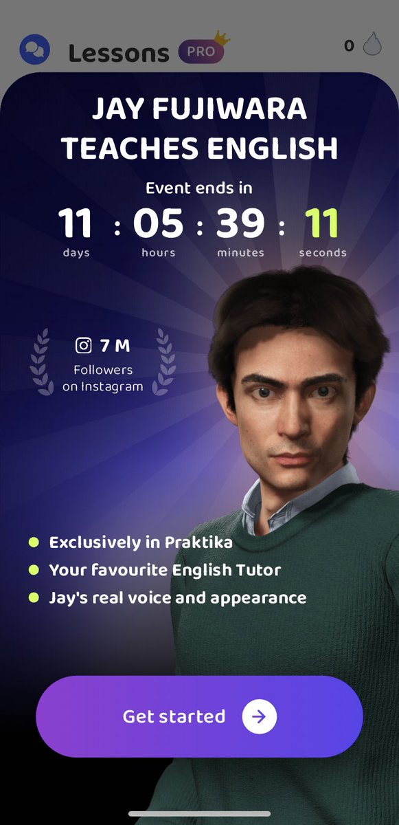 praktika_ai's tweet image. Only 11 days left with #PraktikaJay ⏰ 

Experience the unique voice of Jay Fujiwara, famous #EnglishTutor, in our app! Don’t miss out - share your journey, tag us, and get likes from Jay himself