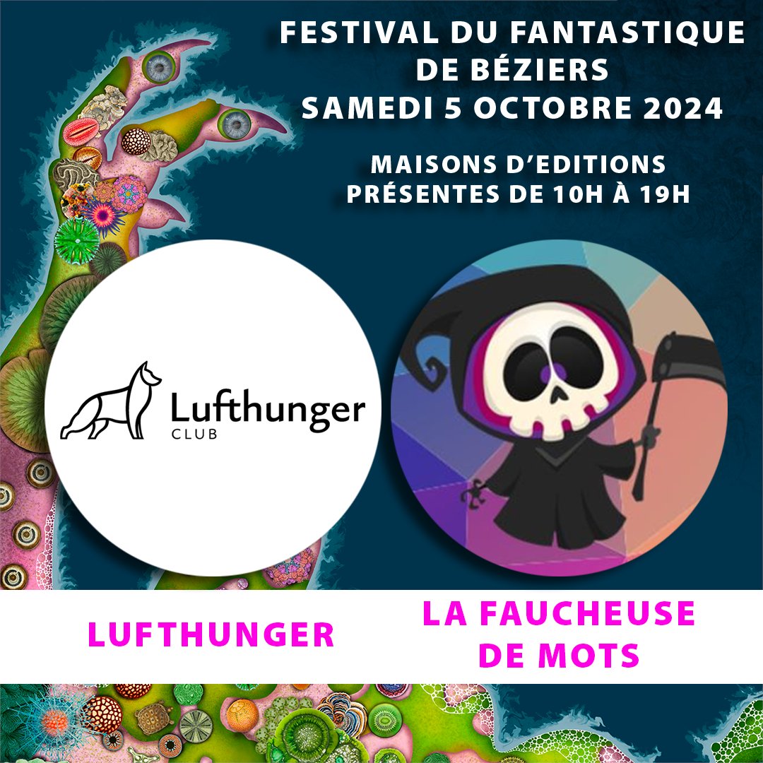 À l'occasion du Festival du Fantastique, ne manquez pas la présence des maisons d'éditions Lufthunger et La Faucheuse de Mots, qui vous attendent le samedi 5 octobre à l'IUT de Béziers, de 10h à 19h, pour des dédicaces et des discussions autour de leurs œuvres !
J-6 avant #ffb