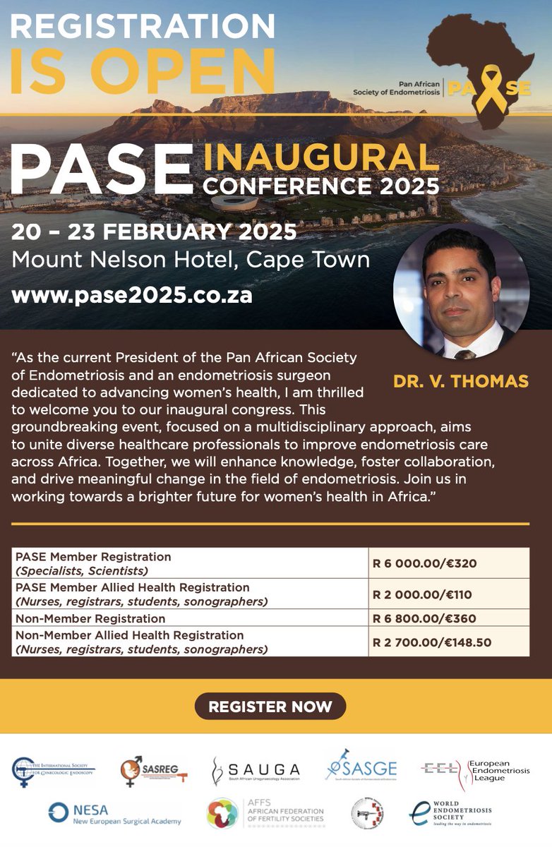 Join the organisers of the Pan African Society for Endometriosis in Cape Town, South Africa, next February for their inaugural conference on #endometriosis. An opportunity to learn and share knowledge and foster collaboration! 
Read more: pase2025.co.za