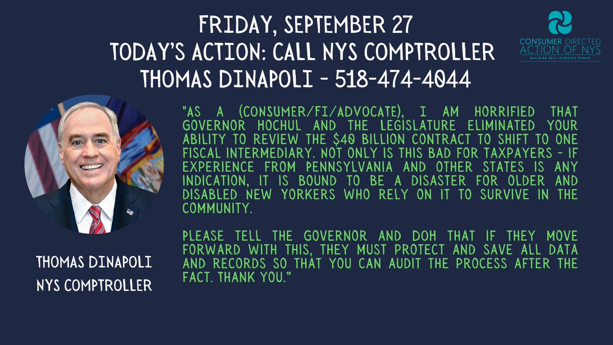 TODAY'S ACTION: Call <a href="/NYSComptroller/">Thomas P. DiNapoli</a> at 518-474-4044 to express your concern about <a href="/GovKathyHochul/">Governor Kathy Hochul</a>  allowing <a href="/HealthNYGov/">NYSDOH</a> to contract CDPAP to one single fiscal intermediary without Comptroller oversight!

 <a href="/NYSComptroller/">Thomas P. DiNapoli</a> can help #ProtectHomeCare.