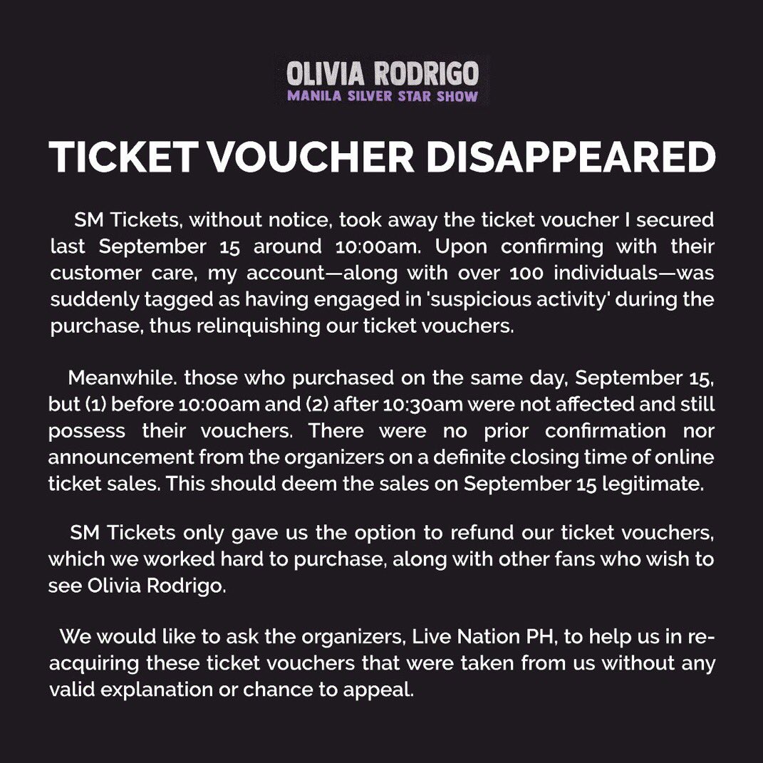cpybarajeonghan's tweet photo. @OliviaRodrigoPH WHAT ABOUT US NA TINANGGALAN NIYO NG VOUCHERS @smtickets?? 

@smtickets 
@livenationph
@philconcerts
@itsarpee
@LiviesHQ 

#IbalikAngVouchers
#NoToRefund
#GutsTourInManila
#OliviaRodrigo https://t.co/BFNFENDfX6