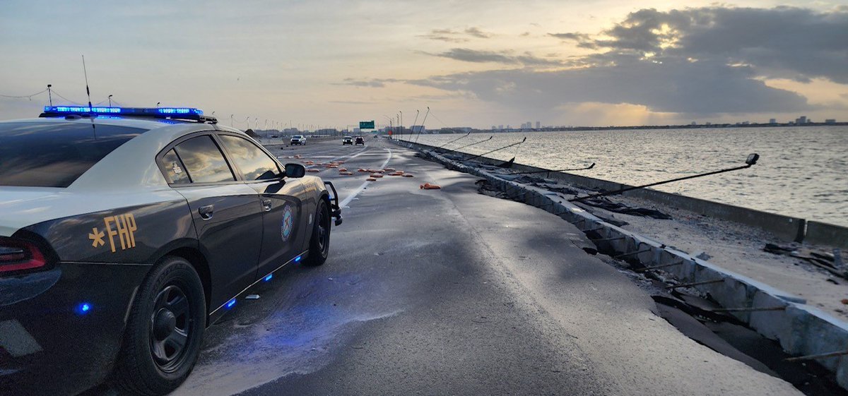 FHPTampa's tweet photo. The Gandy Bridge is now open. HFB, CCC &amp; Skyway are still closed.  Use caution on the highways. Do NOT drive through flooded roadways and treat it as a 4-way stop if you encounter inoperative traffic signals #Helene https://t.co/BP9ISG2S2Y
