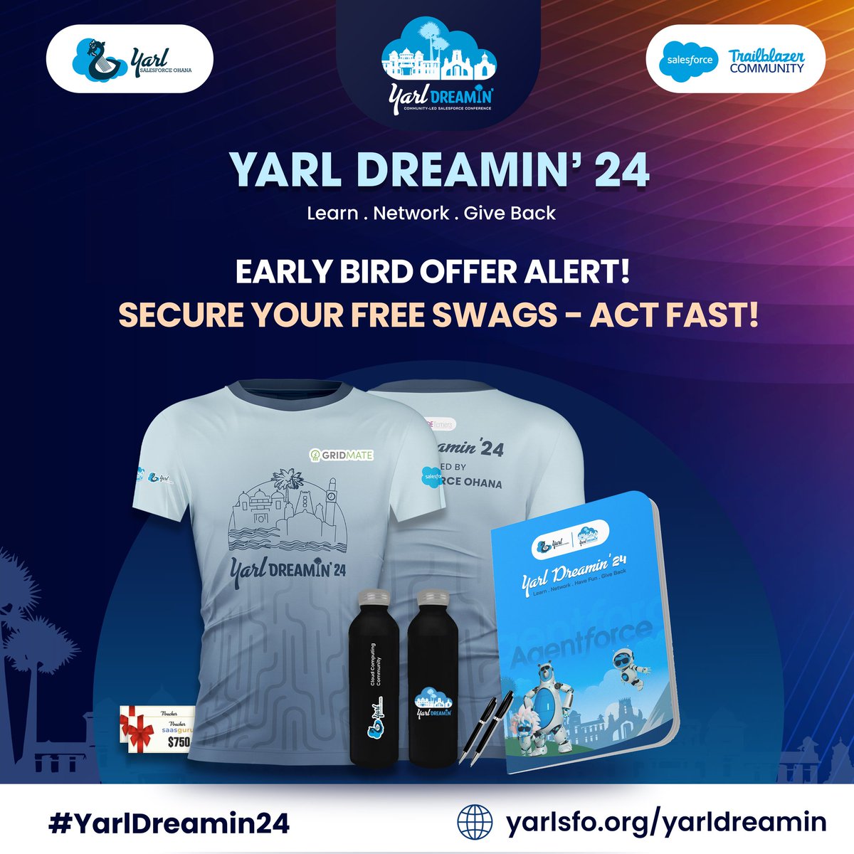 YarlDreamin's tweet photo. ๐ง๐ถ๐บ๐ฒ ๐ถ๐ ๐ฅ๐๐ป๐ป๐ถ๐ป๐ด ๐ข๐๐ โ ๐๐ฟ๐ฎ๐ฏ ๐ฌ๐ผ๐๐ฟ ๐๐ฎ๐ฟ๐น๐ ๐๐ถ๐ฟ๐ฑ ๐ข๐ณ๐ณ๐ฒ๐ฟ ๐ก๐ผ๐!
Donโt miss out on the incredible benefits and perks for early registrants at Yarl Dreamin' 24! Hereโs whatโs in store for you:
โ
๏ธFull event pass to attend 15+ sessions.
โ
๏ธYarl Dreamin' T-shirt.
โ
๏ธYarl Dreamin' stainless steel water bottle
โ
๏ธChance to win a $750 SaasGuru voucher.
โ
๏ธMorning & evening snacks, and lunch provided.
โ
๏ธAfter-event DJ party entrance.
โ
๏ธNetworking opportunities and chances to win more SWAGs.
Register now and secure your free SWAGs before the offer runs out!
Register Here: https://t.co/okoFUPmXmD
@salesforce @trailhead
#YarlDreamin #YarlSFO #Salesforce #Conference #Jaffna #TrailblazerCommunity #CommunityExcellence