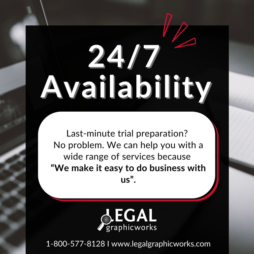LegalGraphicwrx's tweet photo. For any last-minute trial needs, we're here to help!
Call us at 800-577-8128!
#lgw #legalgraphicworks #LitigationSupportFirm #247 #helpwhenyouneedit #wemakeiteasytodobusinesswithus #expectmore #Graphics #Trial #Visuals #Animations #Trialtechnology #Trialtechnicians https://t.co/cwMdibPGU8