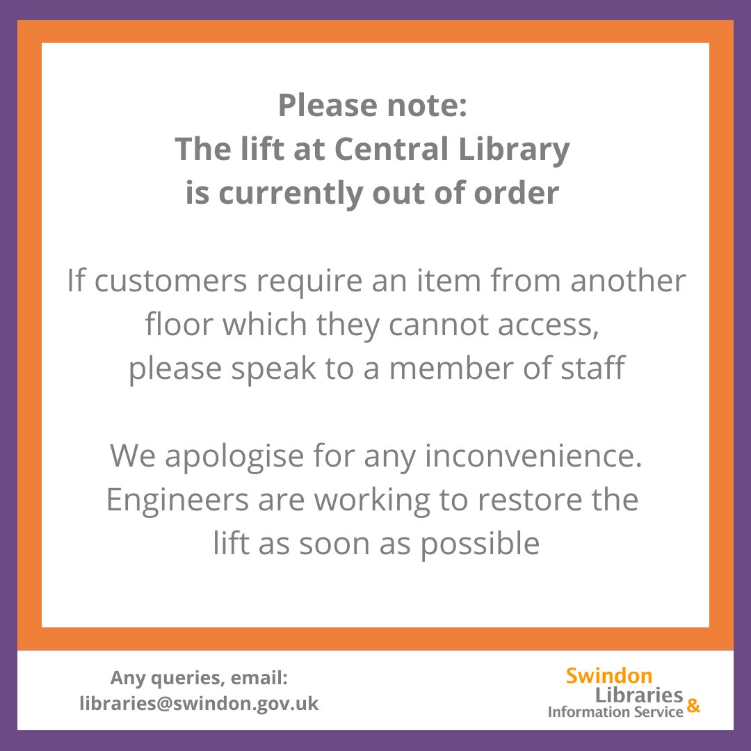Please note: The lift at Central Library is currently out of order.

If customers require an item from another floor which they cannot access, please speak to a member of staff.

We apologise for any inconvenience. Engineers are working to restore the lift as soon as possible.
