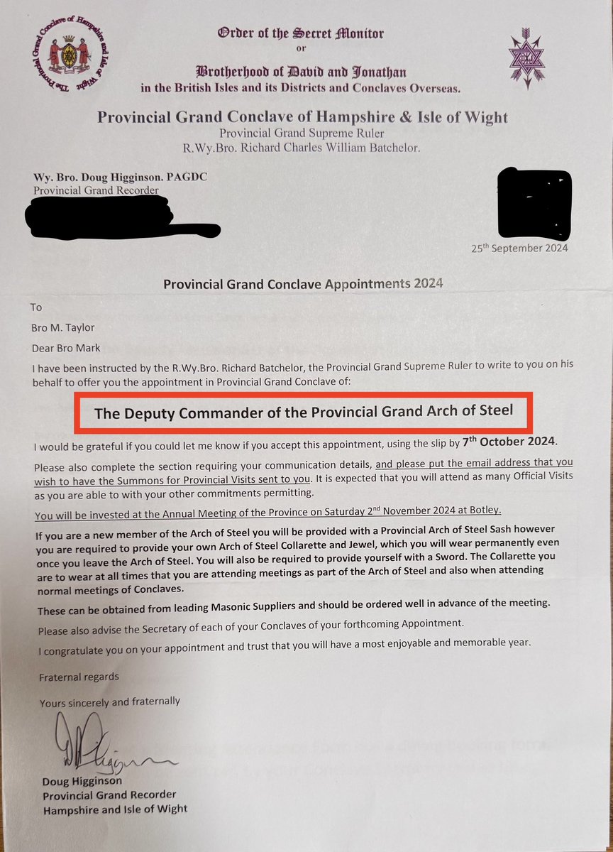 bromarktaylor's tweet photo. Absolutely thrilled to receive the news, of my appointment of, Deputy Commander of the Provincial Grand Arch of Steel for H&IoW. Looking forward to the year ahead. #orderofthesecretmonitor #osm #brotherhoodofdavidandjonathan https://t.co/XrYaDnIWhM