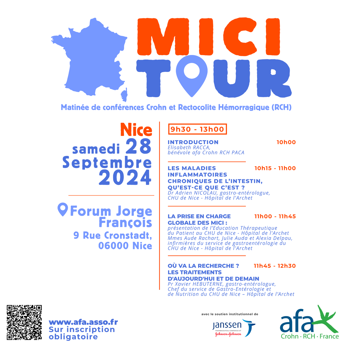 afaCrohnRCH's tweet photo. 🙌 Demain ne manquez pas un #MICI TOUR exceptionnel à @VilledeNice  aux côtés du Pr Xavier Hebuterne et de l’équipe de gastroentérologie du @CHUdeNice ! #crohn #RCH
Inscriptions gratuites : https://t.co/9nyR49dCDG https://t.co/1V3mlLuJN7
